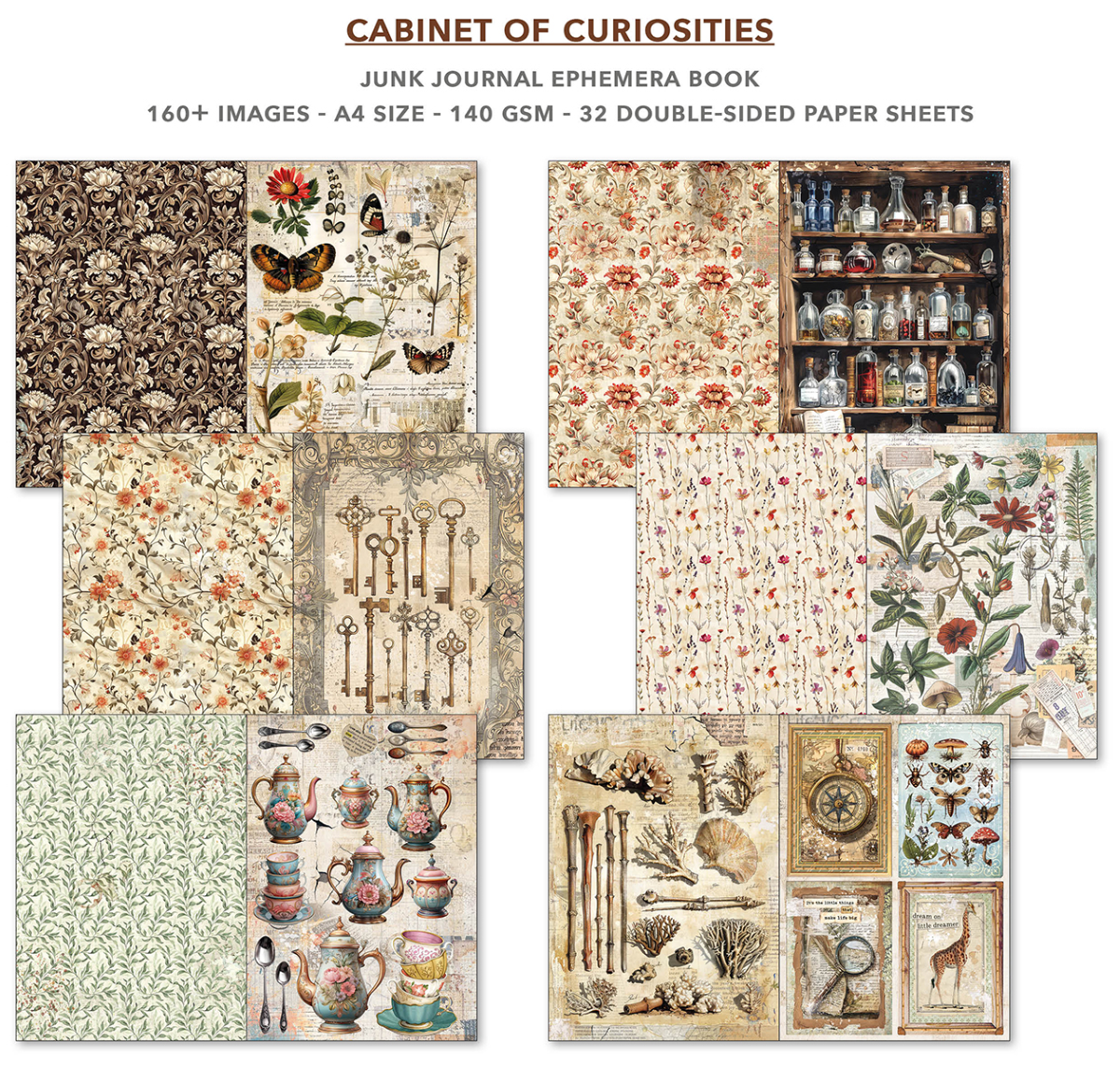 Cabinet of Curiosities vintage ephemera book with antique postcards, aged papers, and nostalgic Victorian-era craft supplies for junk journaling and scrapbooking projects