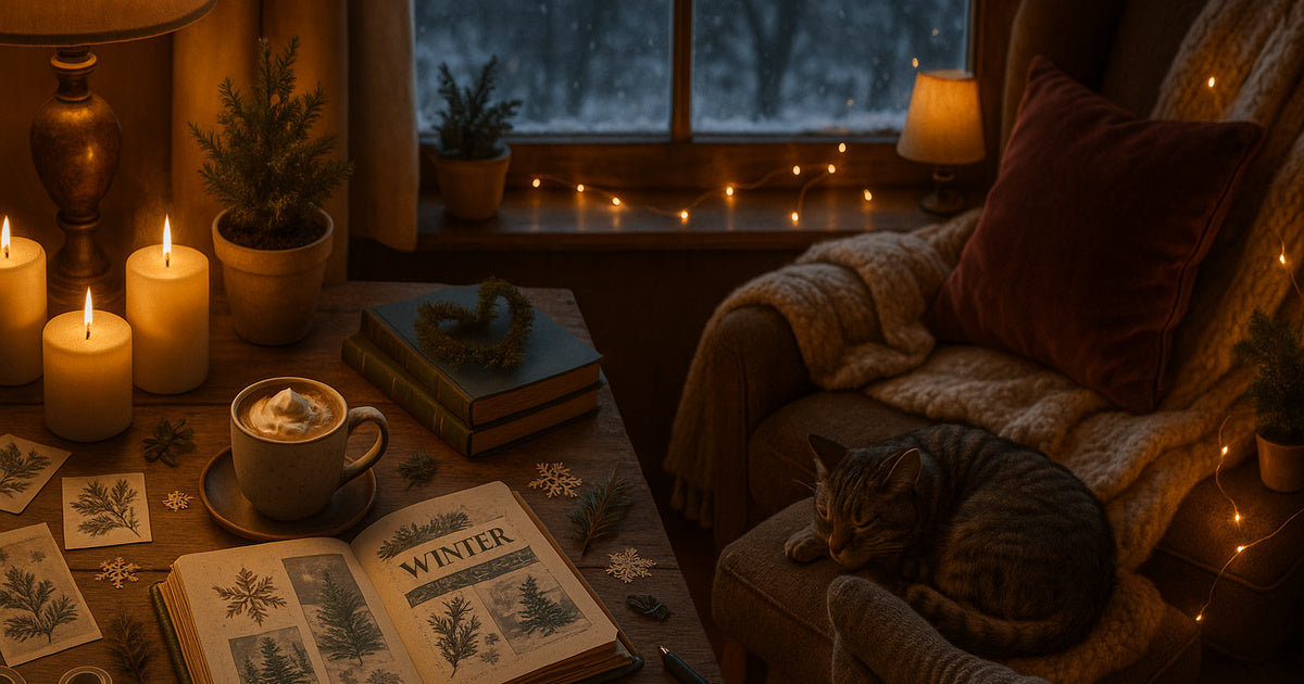 Cozy winter crafting sanctuary with snow-covered window, hot chocolate, knit blanket, and vintage craft supplies