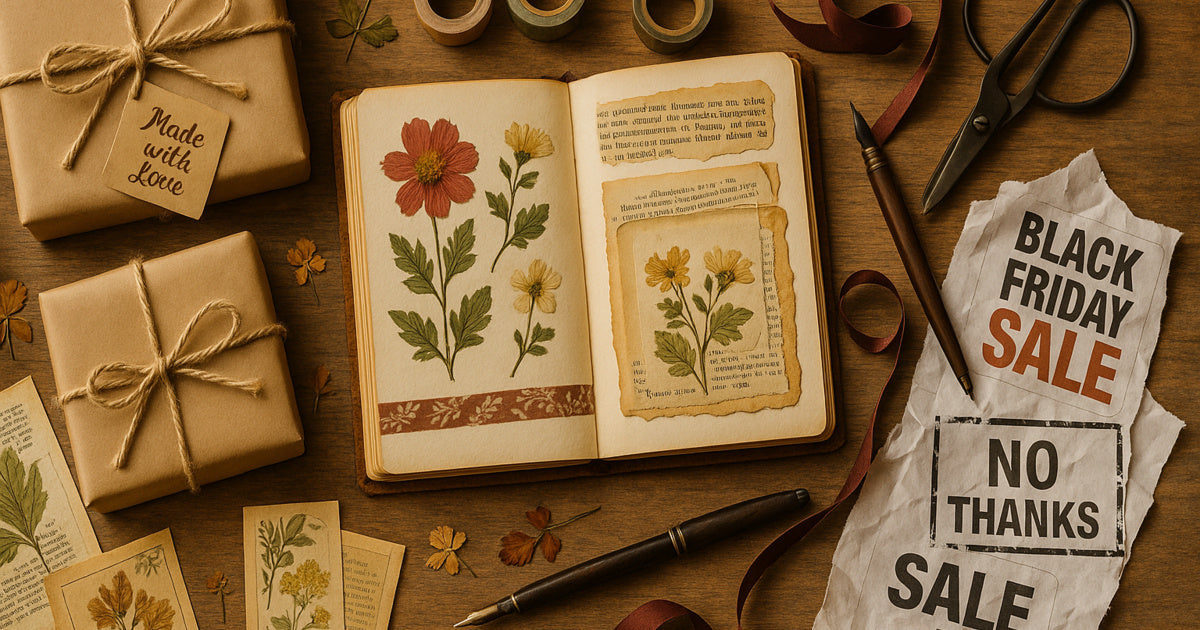 Handmade journal gifts wrapped in kraft paper on wooden table with vintage crafting supplies, contrasting peaceful creation with rejected Black Friday ads