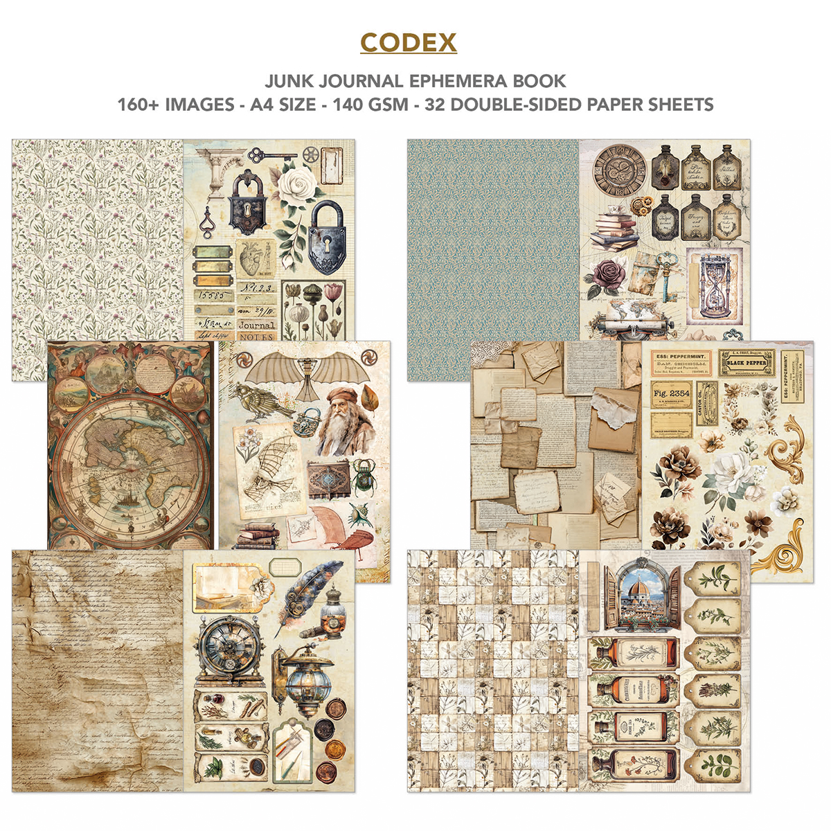 Codex vintage ephemera book filled with antique-style papers, aged documents, and nostalgic craft supplies perfect for monthly craft subscription boxes and creative projects