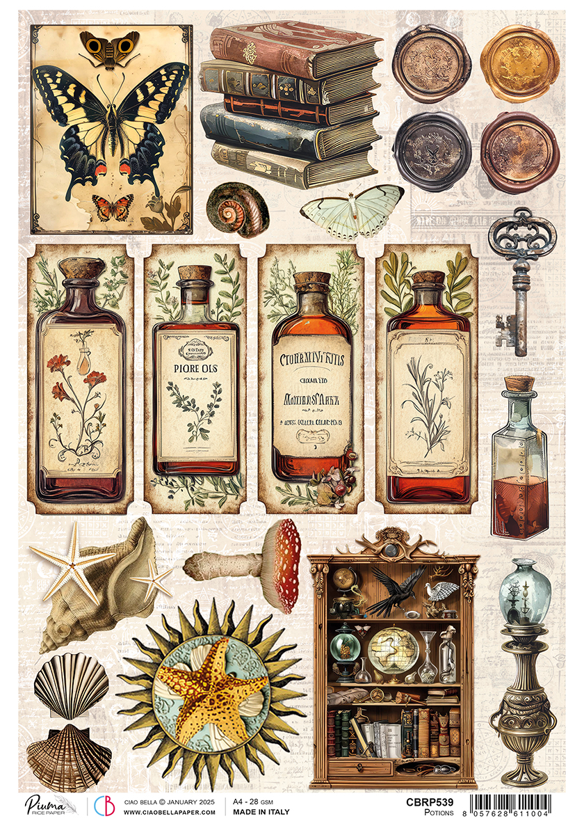 Potions-themed vintage rice paper with mystical aged designs perfect for junk journaling, layering techniques, and beginner scrapbooking projects