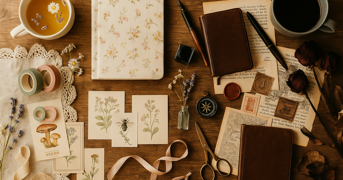 Cottagecore and Dark Academia craft supplies flat lay featuring journals, botanical cards, washi tape, vintage scissors, and coffee on a wooden table