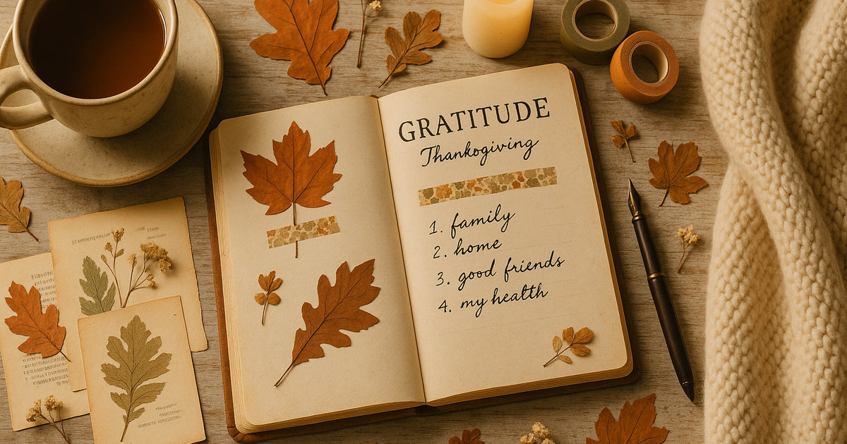 Cozy gratitude journal with vintage botanical papers, washi tape, and warm candlelight for slow living lifestyle