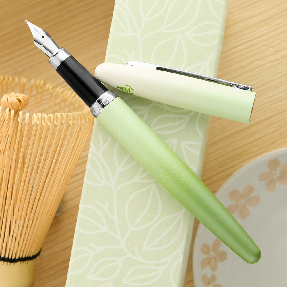 Sheaffer VFM Matcha Edition fountain pen uncapped with steel nib