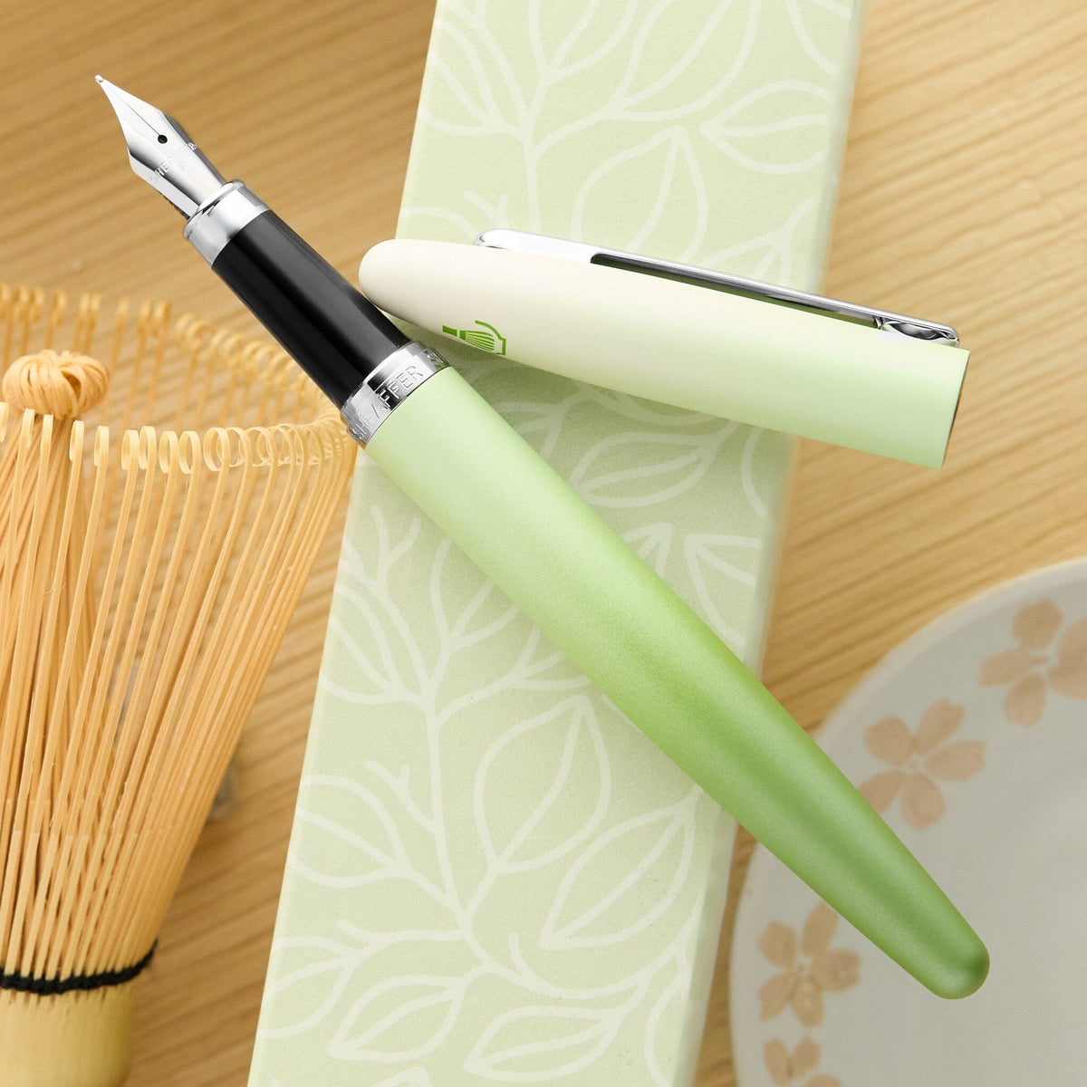 Sheaffer VFM Matcha Edition fountain pen uncapped with steel nib