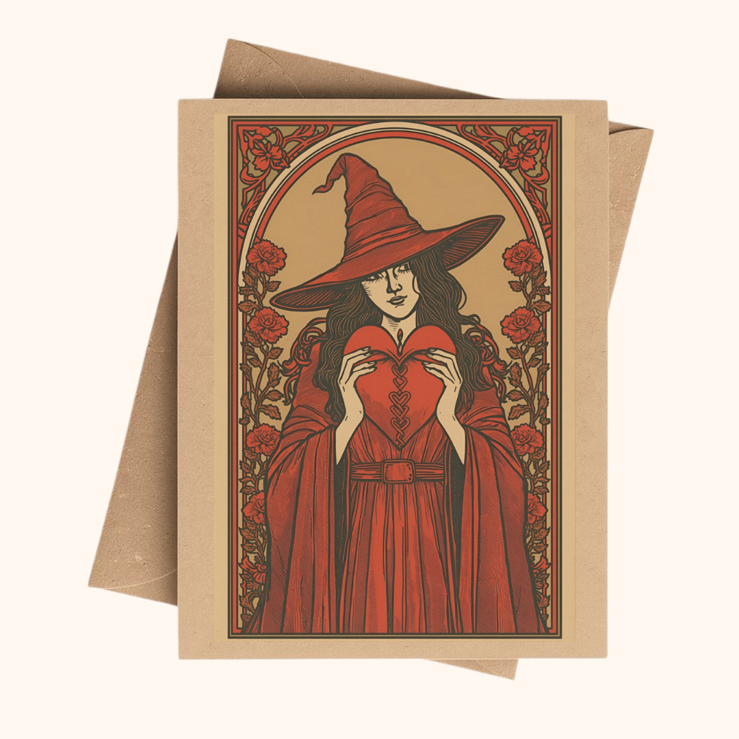 Red Rose Love Witch Art Nouveau Notecard on Brown Kraft