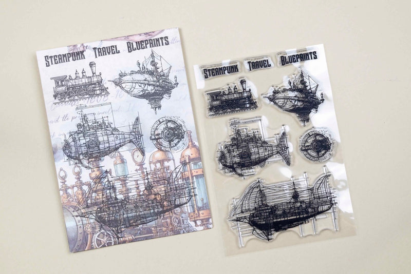 Steampunk Travel Blueprints Clear Stamp