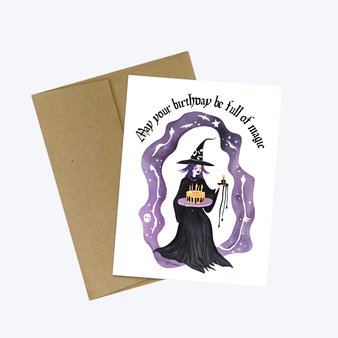 Cute Witch Magical Goth Halloween Time Birthday Card 