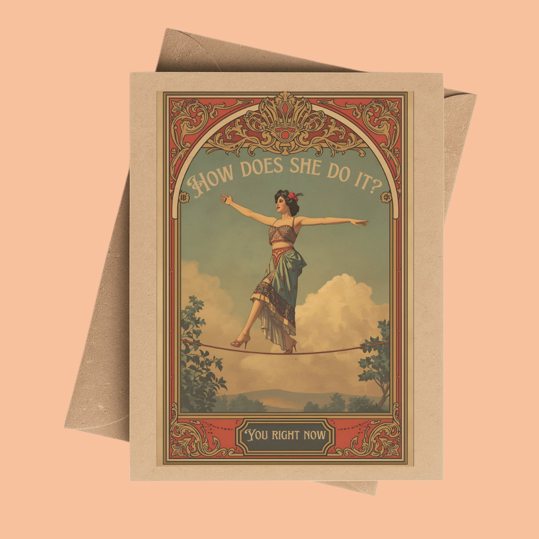 How Does She Do it Vintage Circus Notecard on Brown Kraft 