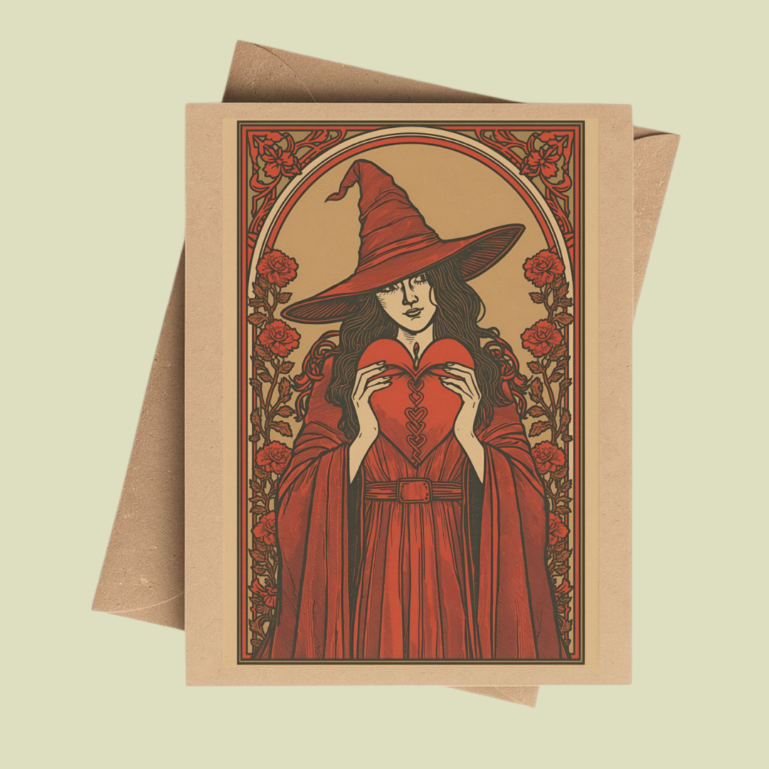 Red Rose Love Witch Art Nouveau Notecard on Brown Kraft