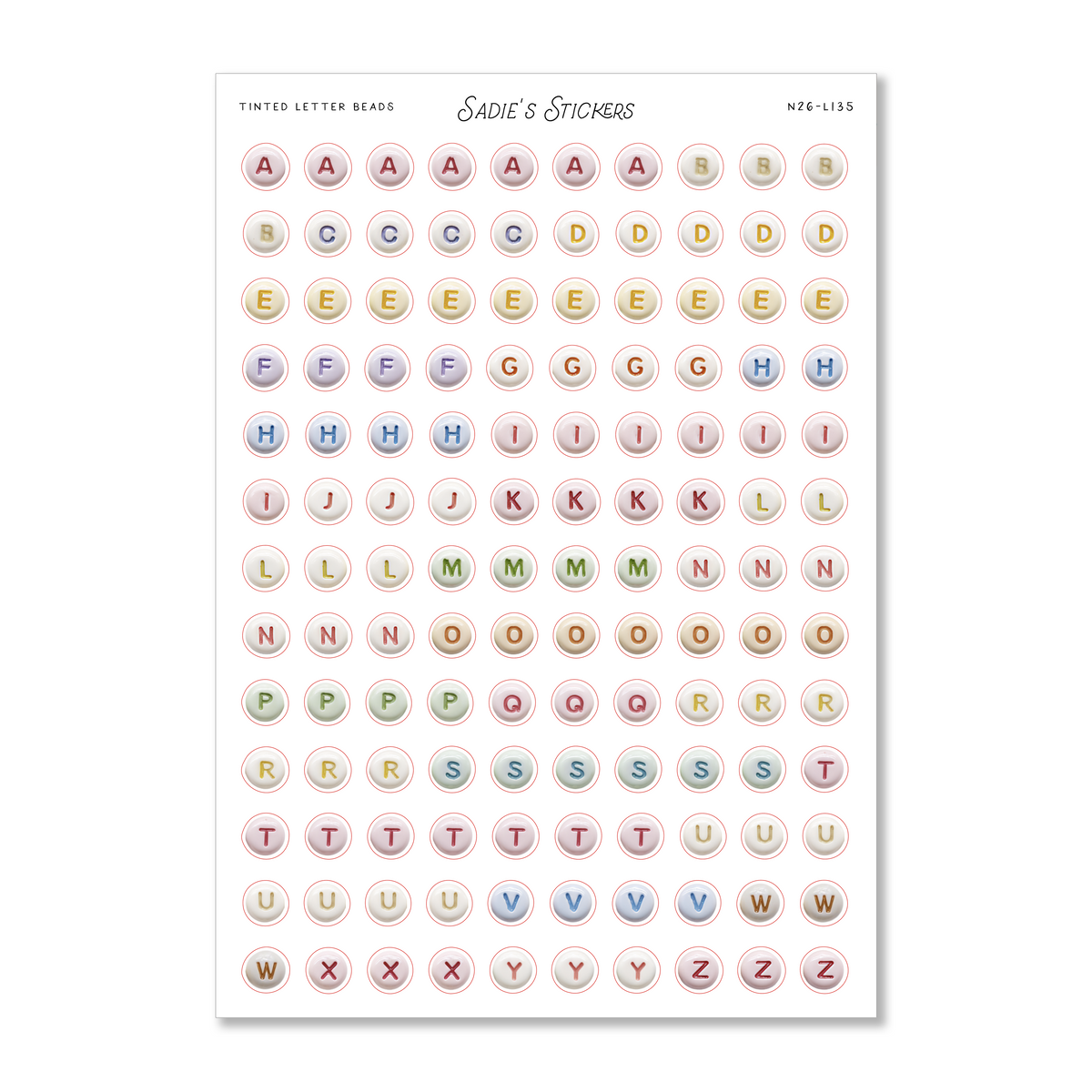 Tinted Letter Beads • Letters & More Sticker Sheet