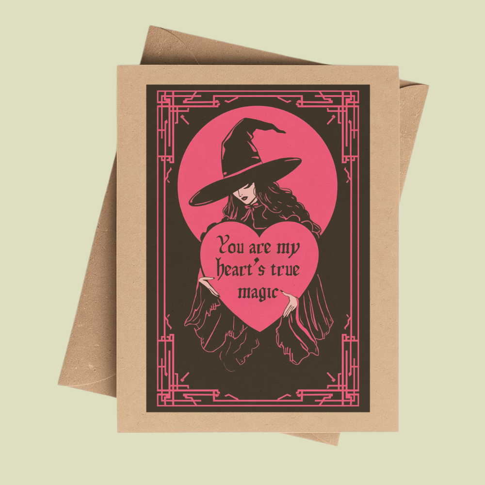Cute Witch Valentine’s Day Notecard on Brown Kraft Paper