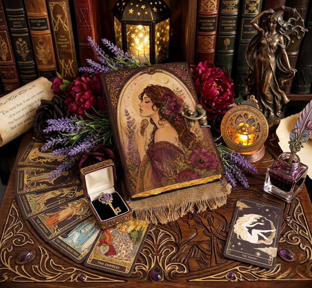 Vintage Goddess Leather Journal with Lock, Floral Witch Book