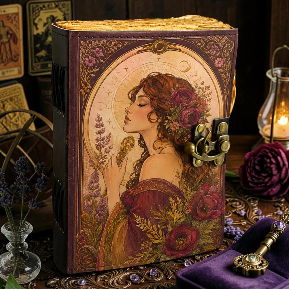 Vintage Goddess Leather Journal with Lock, Floral Witch Book