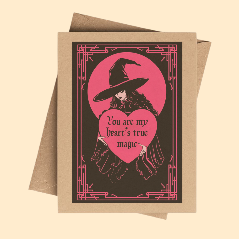 Cute Witch Valentine’s Day Notecard on Brown Kraft Paper