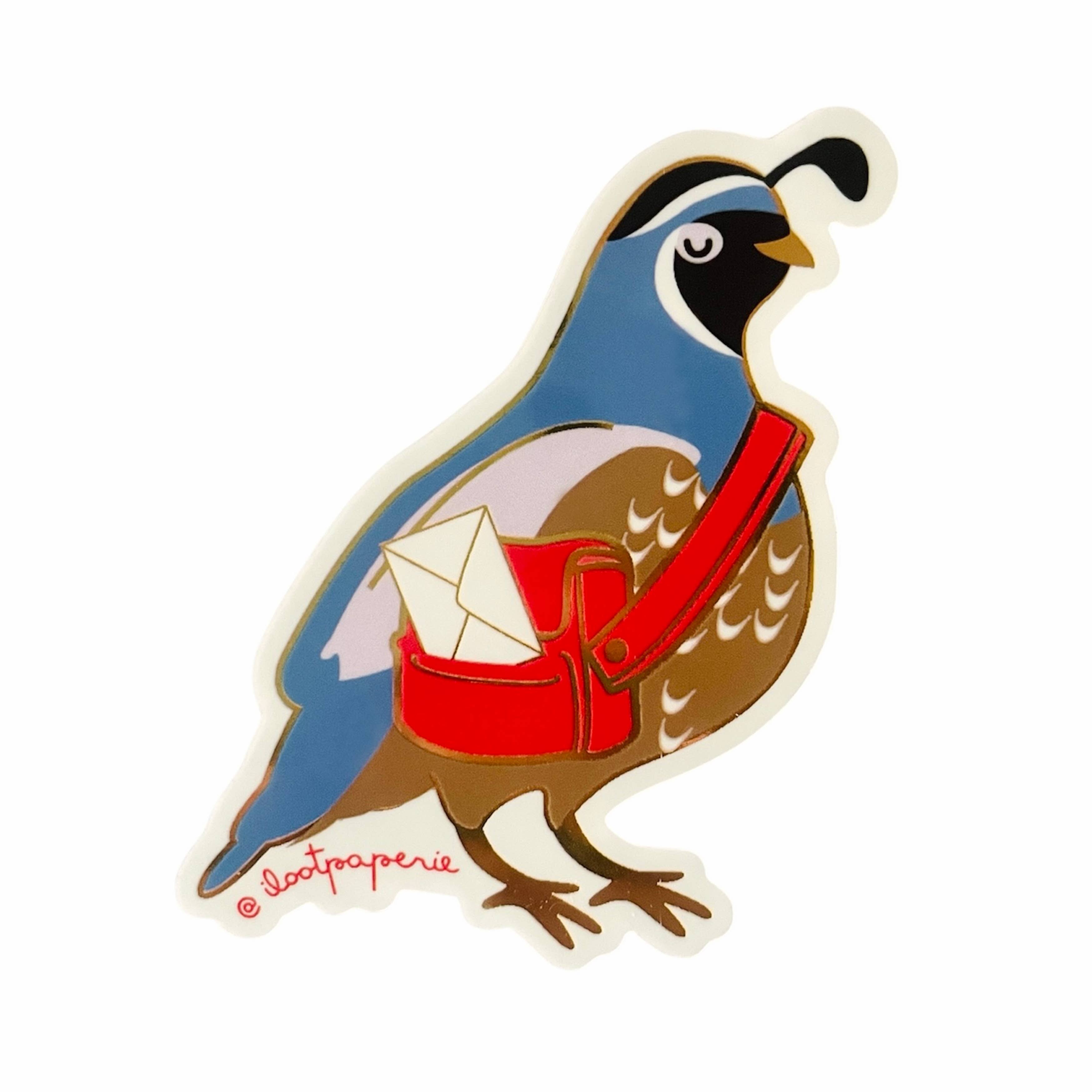 Quail Mail Postage Glossy Vinyl Sticker w Gold Mirror Accent