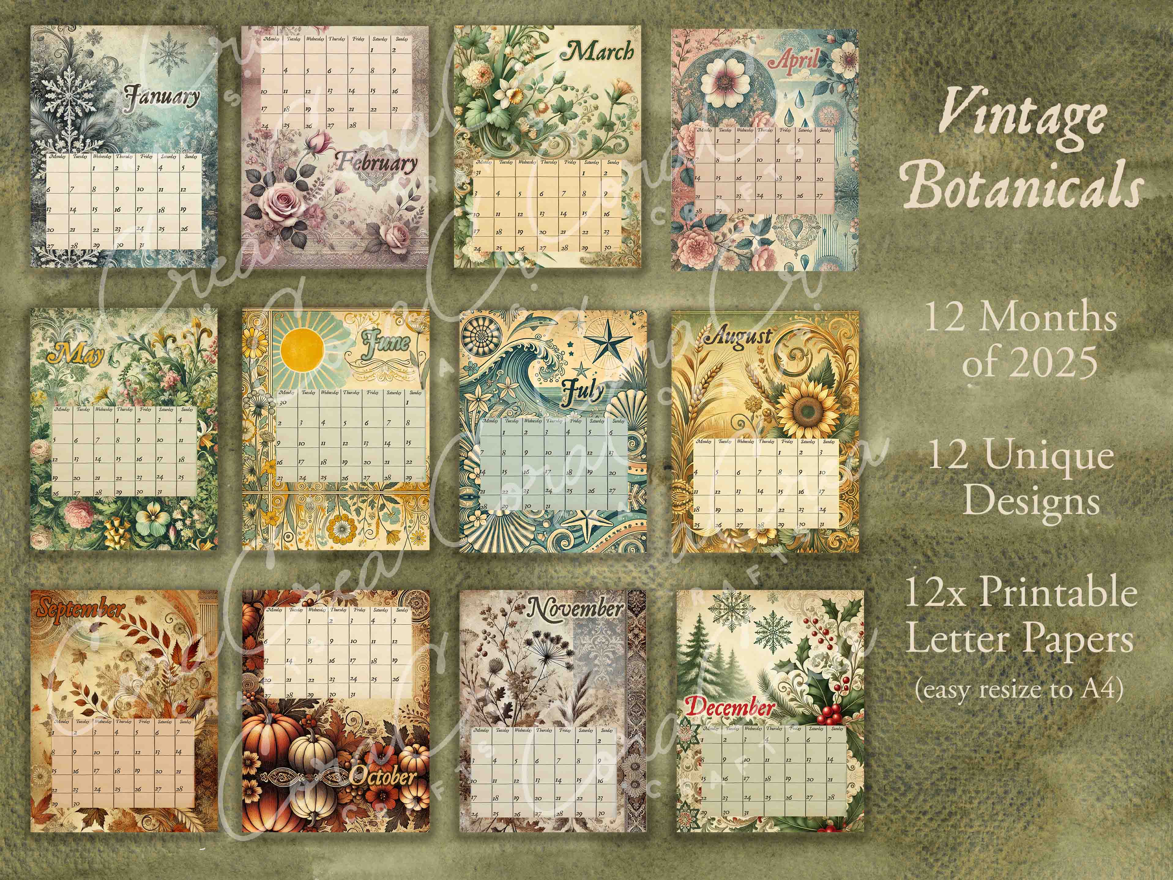 2025 Vintage Botanical Digital Calendar