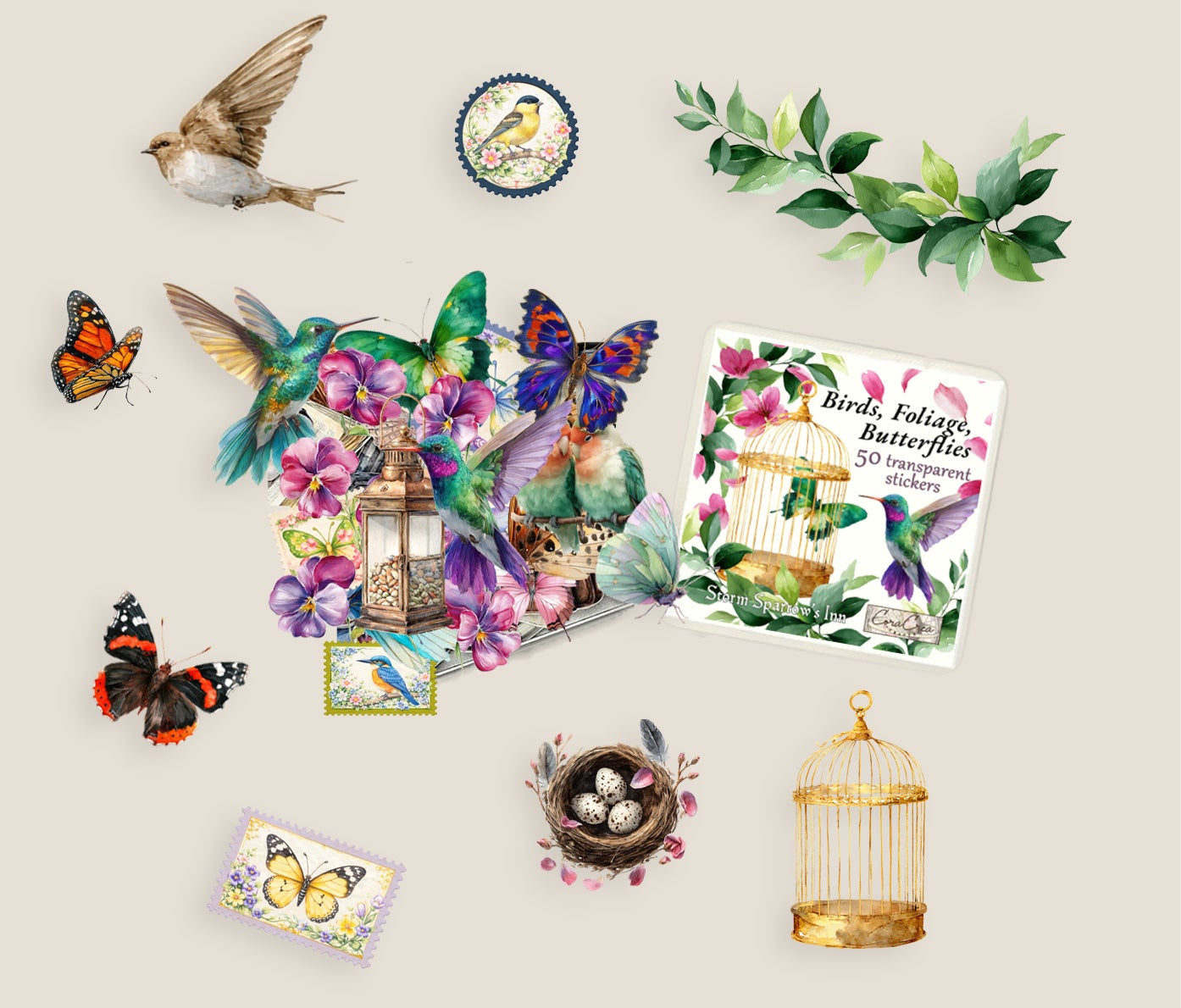 Birds, Foliage, Butterflies Sticker Tin Box