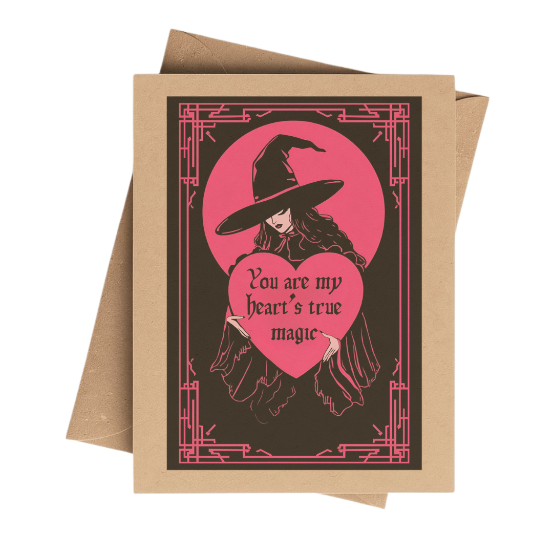 Cute Witch Valentine’s Day Notecard on Brown Kraft Paper