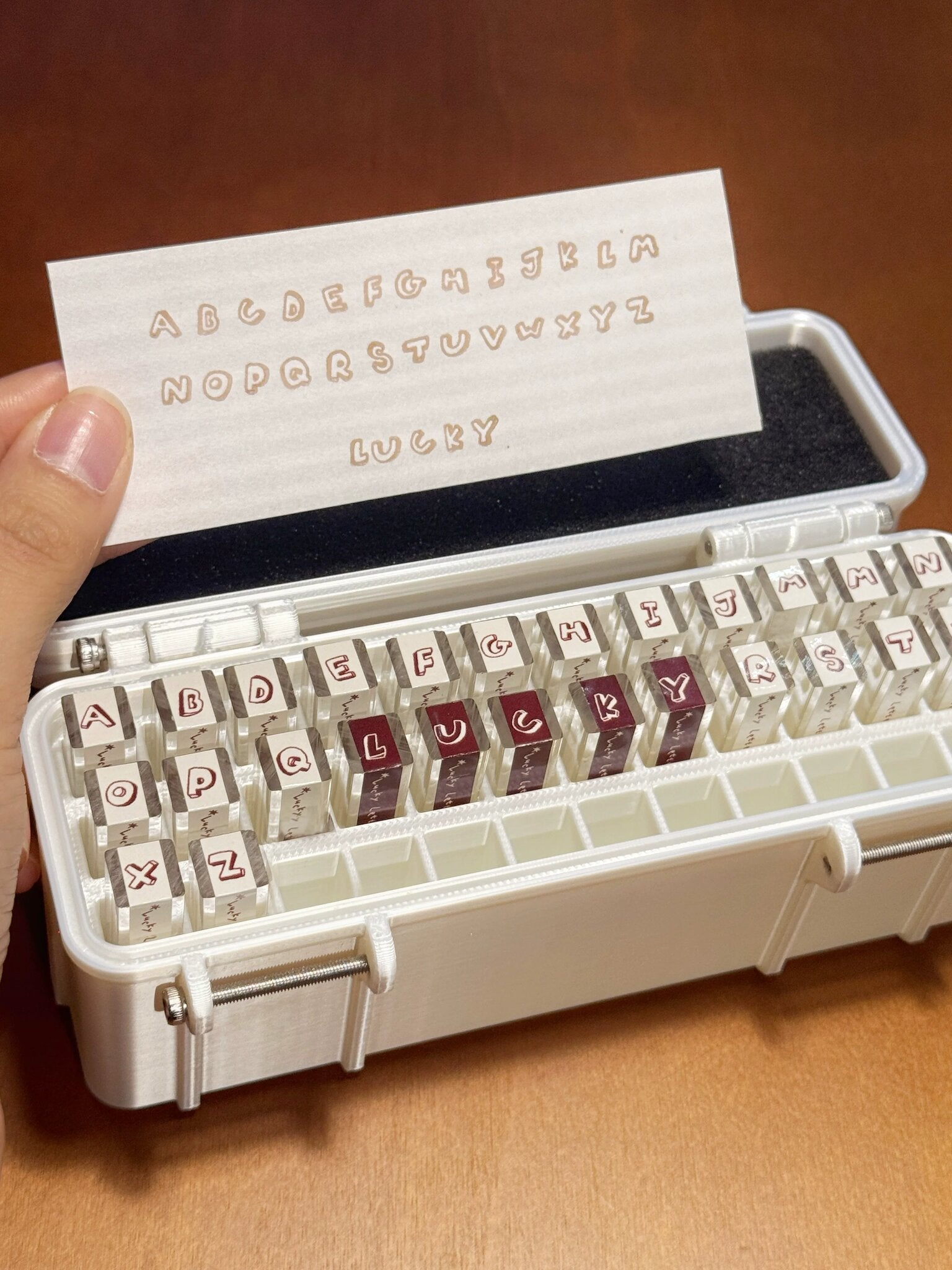 Mini Acrylic Letter Stamps - full A-Z set in storage case with stamped alphabet sample
