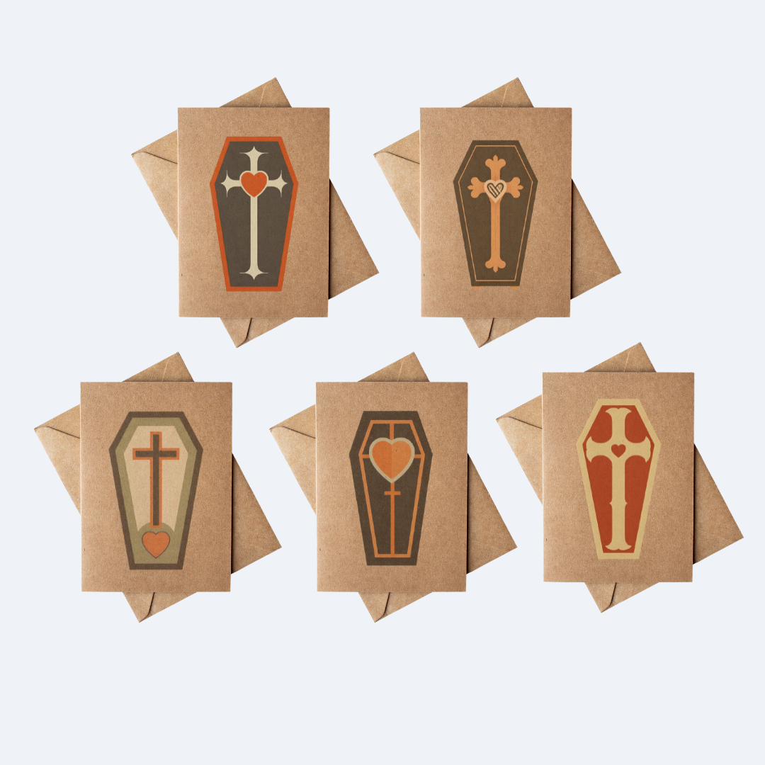 Set of 5 Goth Coffins Brown Kraft Paper Greeting Card Set 