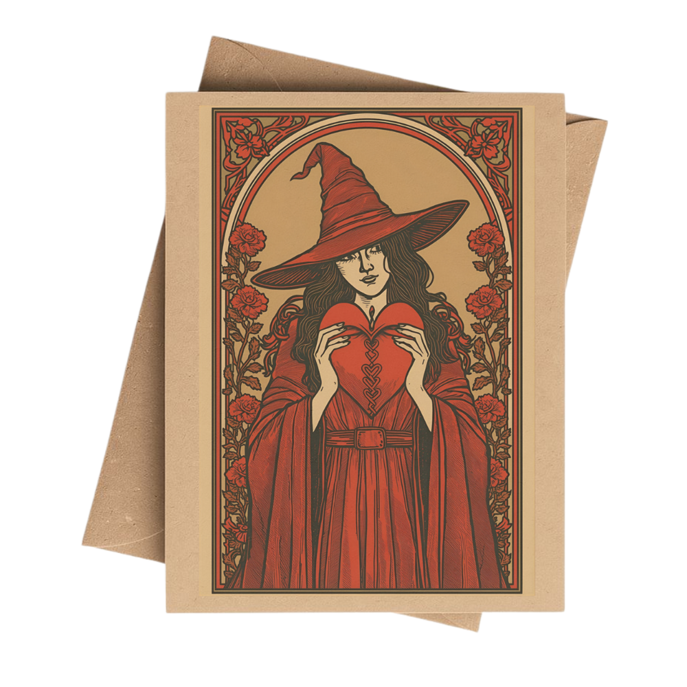 Red Rose Love Witch Art Nouveau Notecard on Brown Kraft