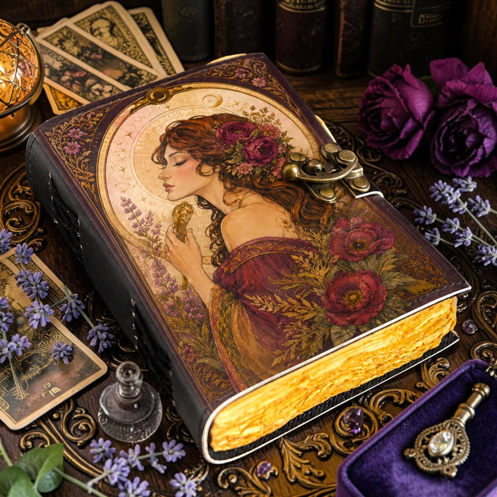 Vintage Goddess Leather Journal with Lock, Floral Witch Book