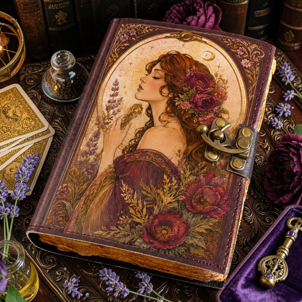 Vintage Goddess Leather Journal with Lock, Floral Witch Book