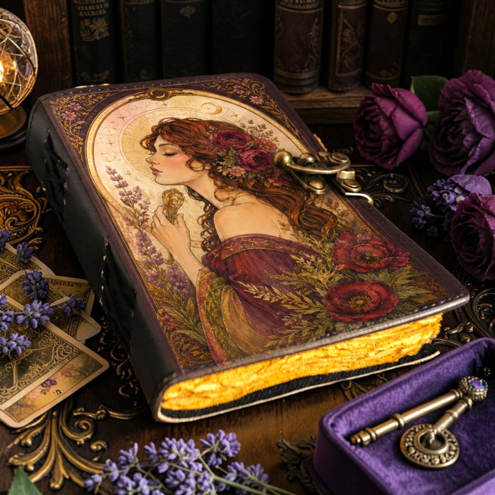 Vintage Goddess Leather Journal with Lock, Floral Witch Book