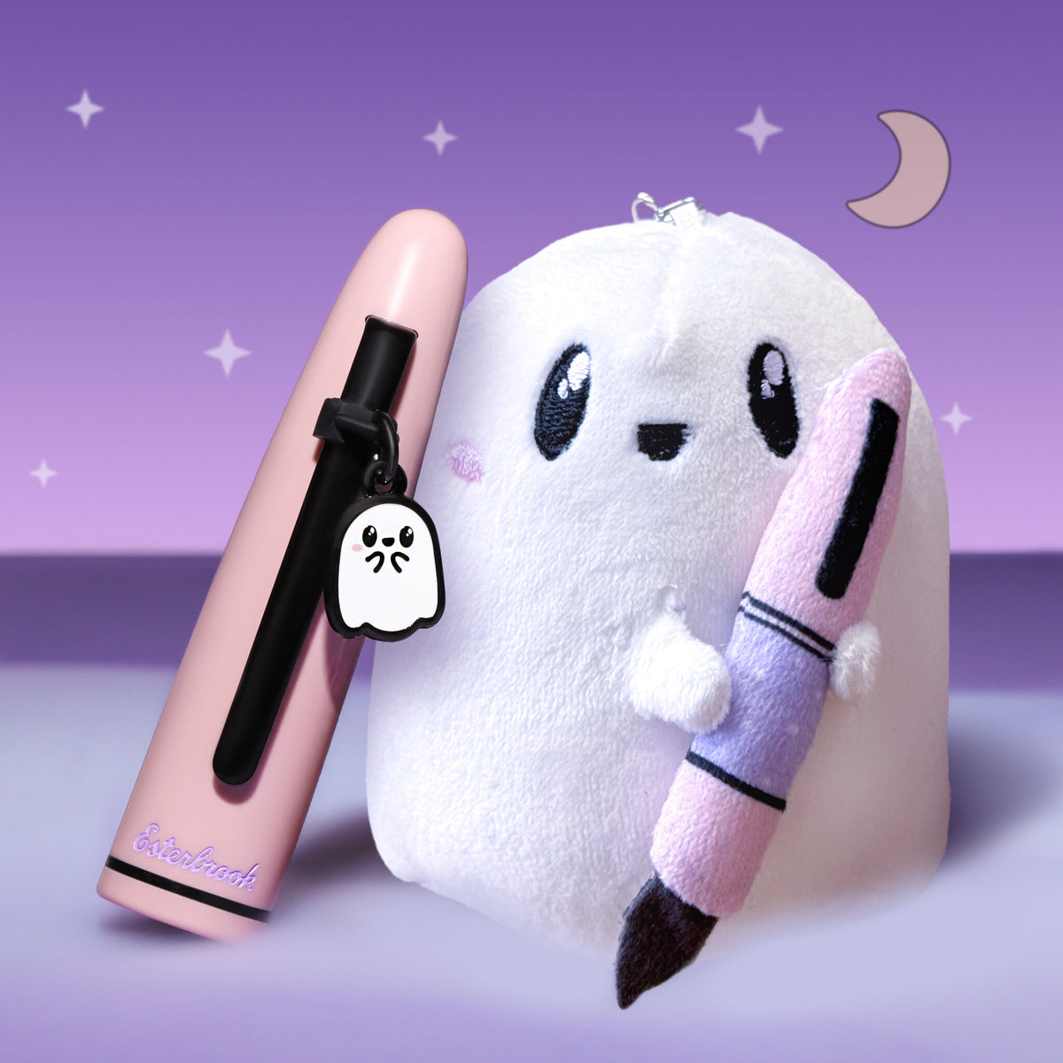Boo-Anne ghost plush holding the Pastel Halloween pen