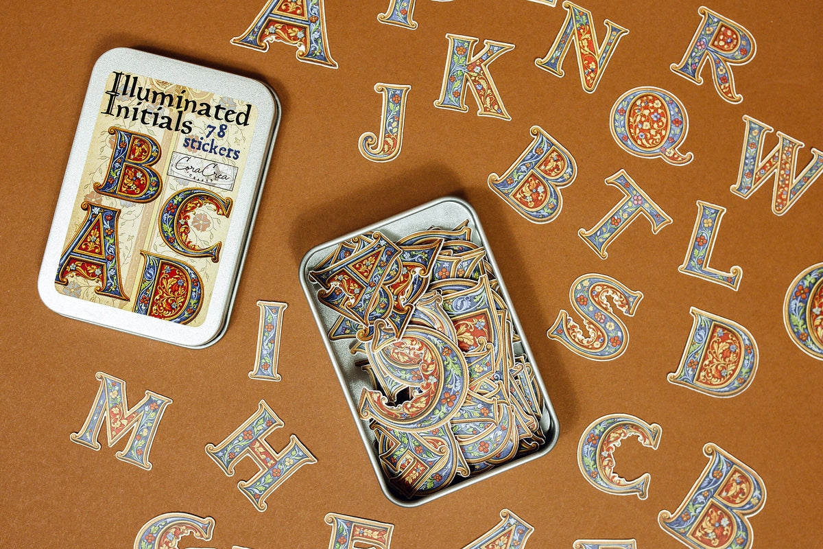 Initial Sticker Pack Illuminated Initials Sticker Tin Box — Sticker Set | C