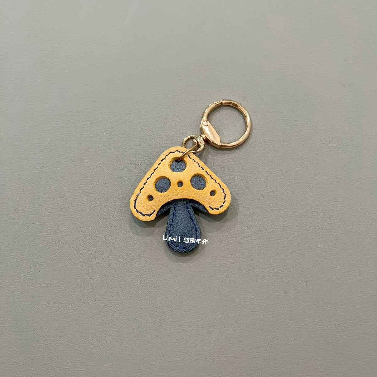 Handmade Leather Mushroom Keychain Charm - Navy & Yellow