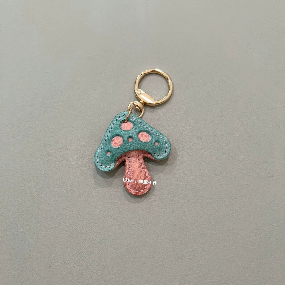 Handmade Leather Mushroom Keychain Charm - Blue & Pink