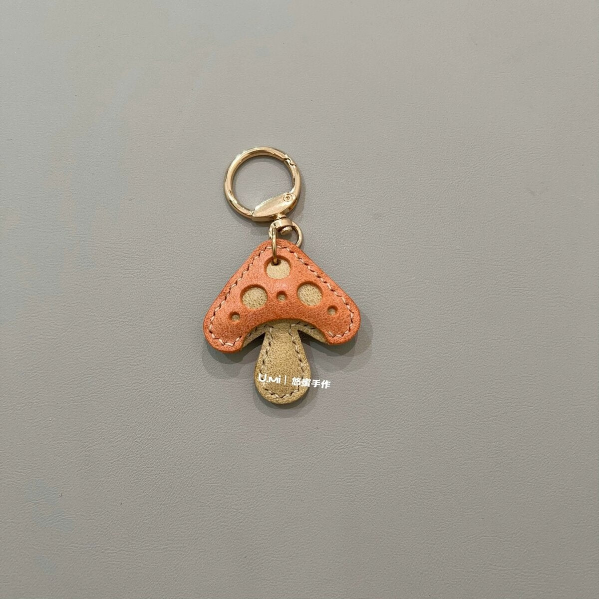 Handmade Leather Mushroom Keychain Charm - Vanilla Orange