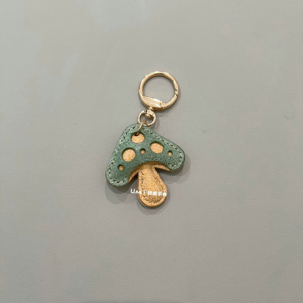 Handmade Leather Mushroom Keychain Charm - Green & Yellow