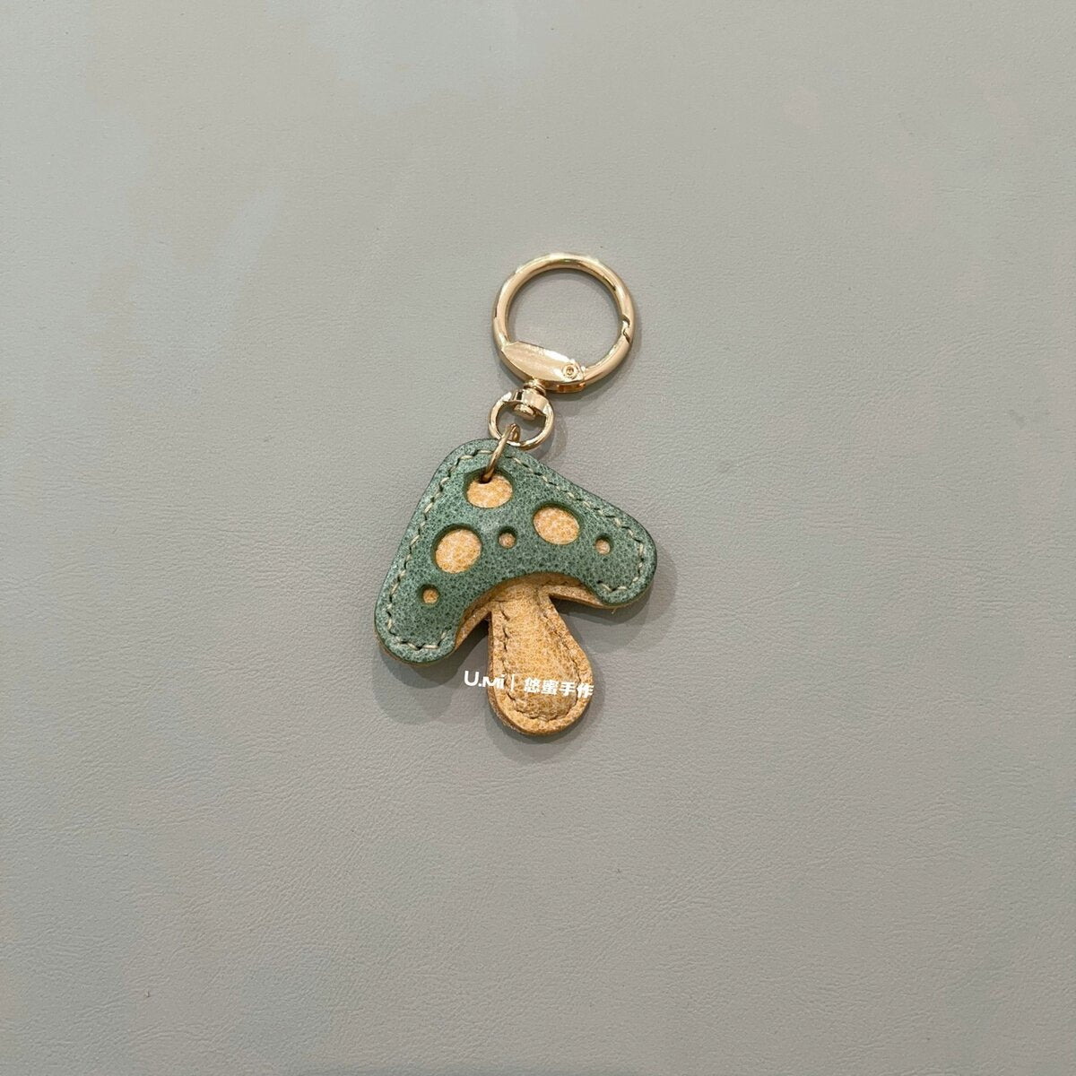 Handmade Leather Mushroom Keychain Charm - Green & Yellow