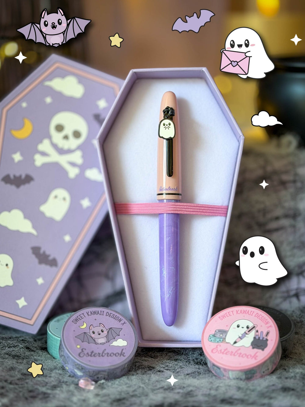 Pastel Halloween Estie in its coffin box with the Pastel Halloween washi tapes