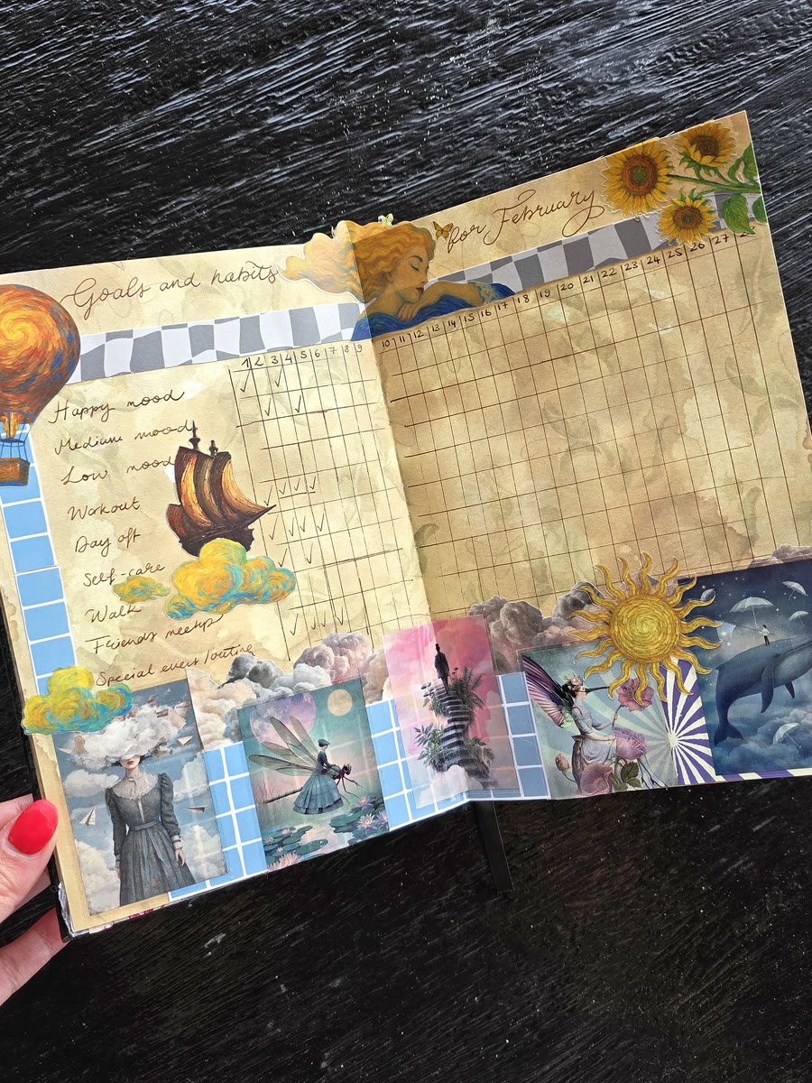 February bullet journal spread — goals and habits tracker with collage-style stickers, illustrated cloudscapes and washi tape borders