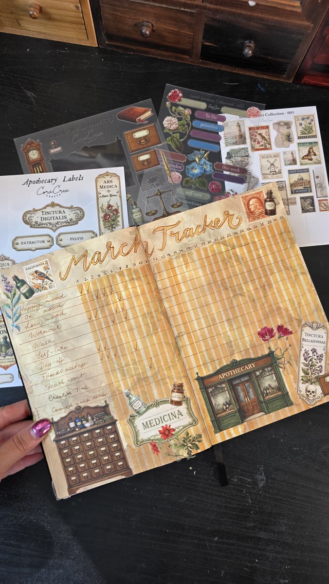 March bullet journal tracker with warm apothecary aesthetic — amber background, Medicina shopfront imagery and habit rows